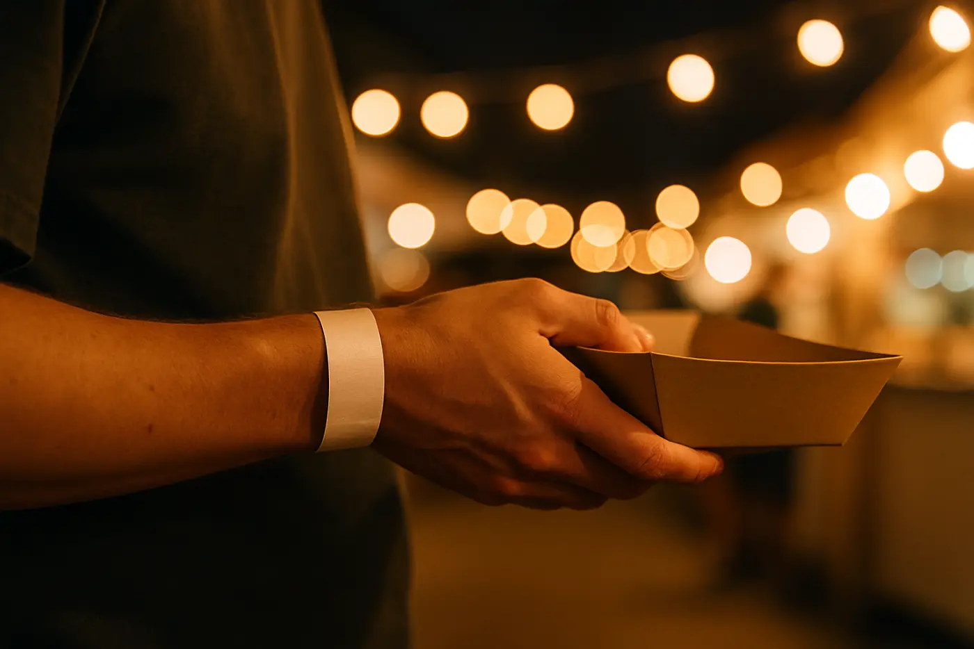 A plain paper wristband on a wrist holding a takeaway food container at a night market