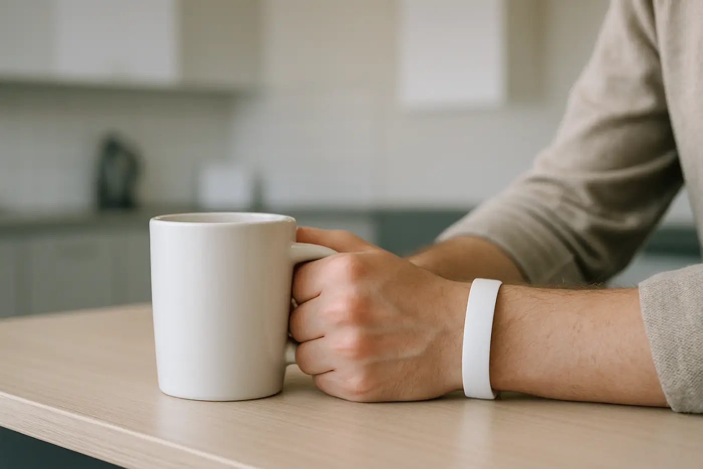 A wrist wearing a plain silicone wristband while holding a mug on an office bench