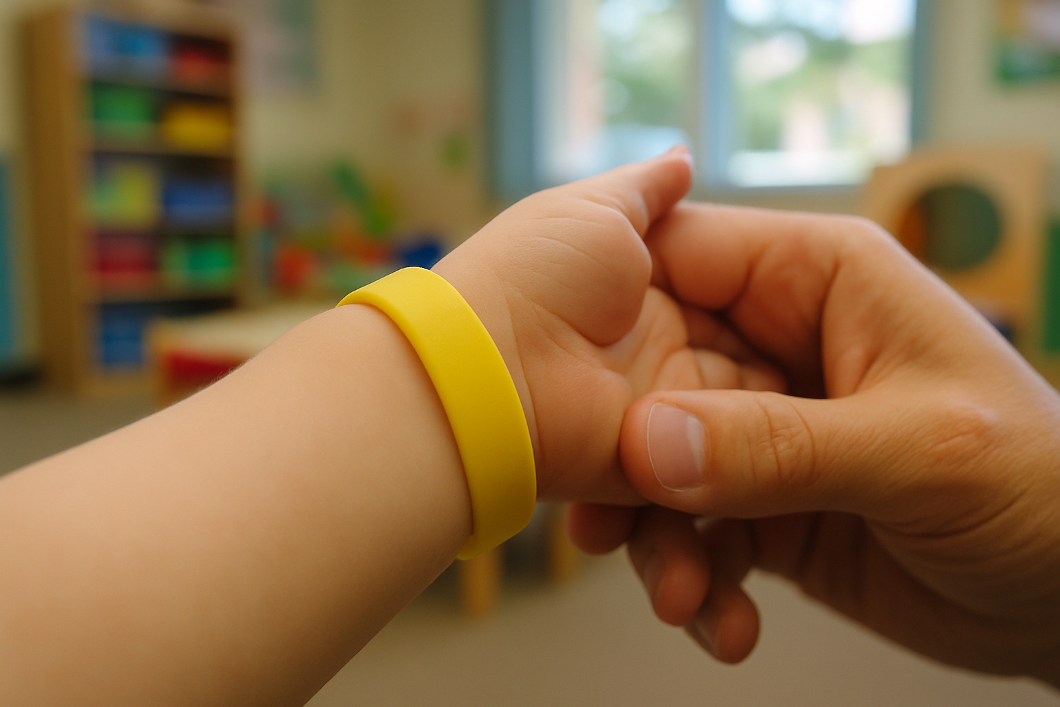 A young child's wrist wearing a plain yellow silicone wristband, held by an educator