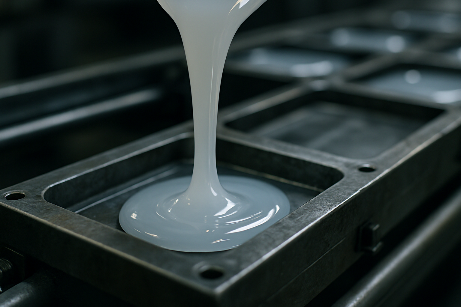 Liquid silicone being poured into a metal mould on a factory production line