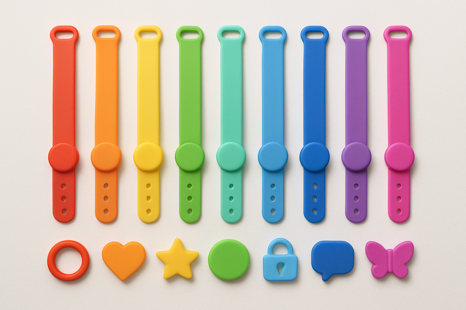 Rows of finished coloured silicone wristbands and small moulded accessories