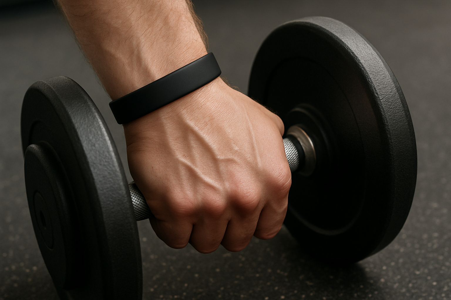 A gym member wearing a plain black silicone wristband while gripping a dumbbell