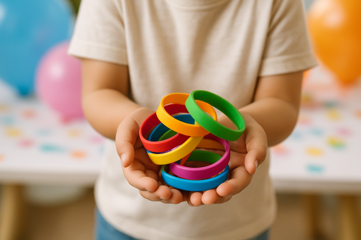 A child holding a handful of colourful silicone wristbands