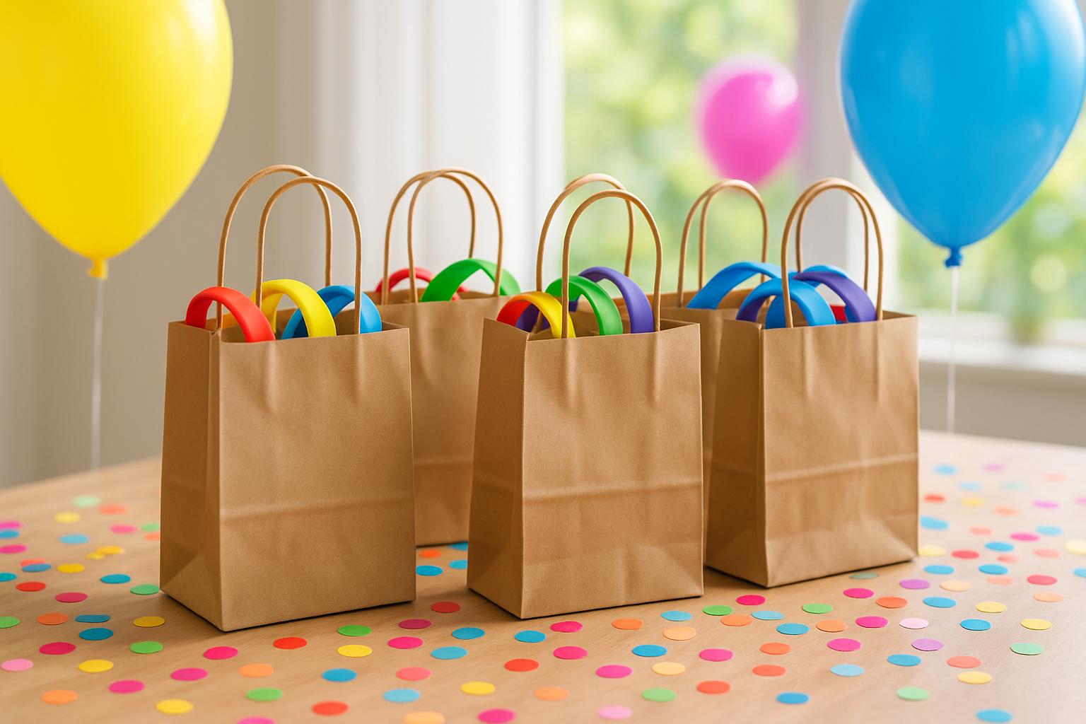 Kraft paper party favour bags with colourful wristbands peeking out of each one
