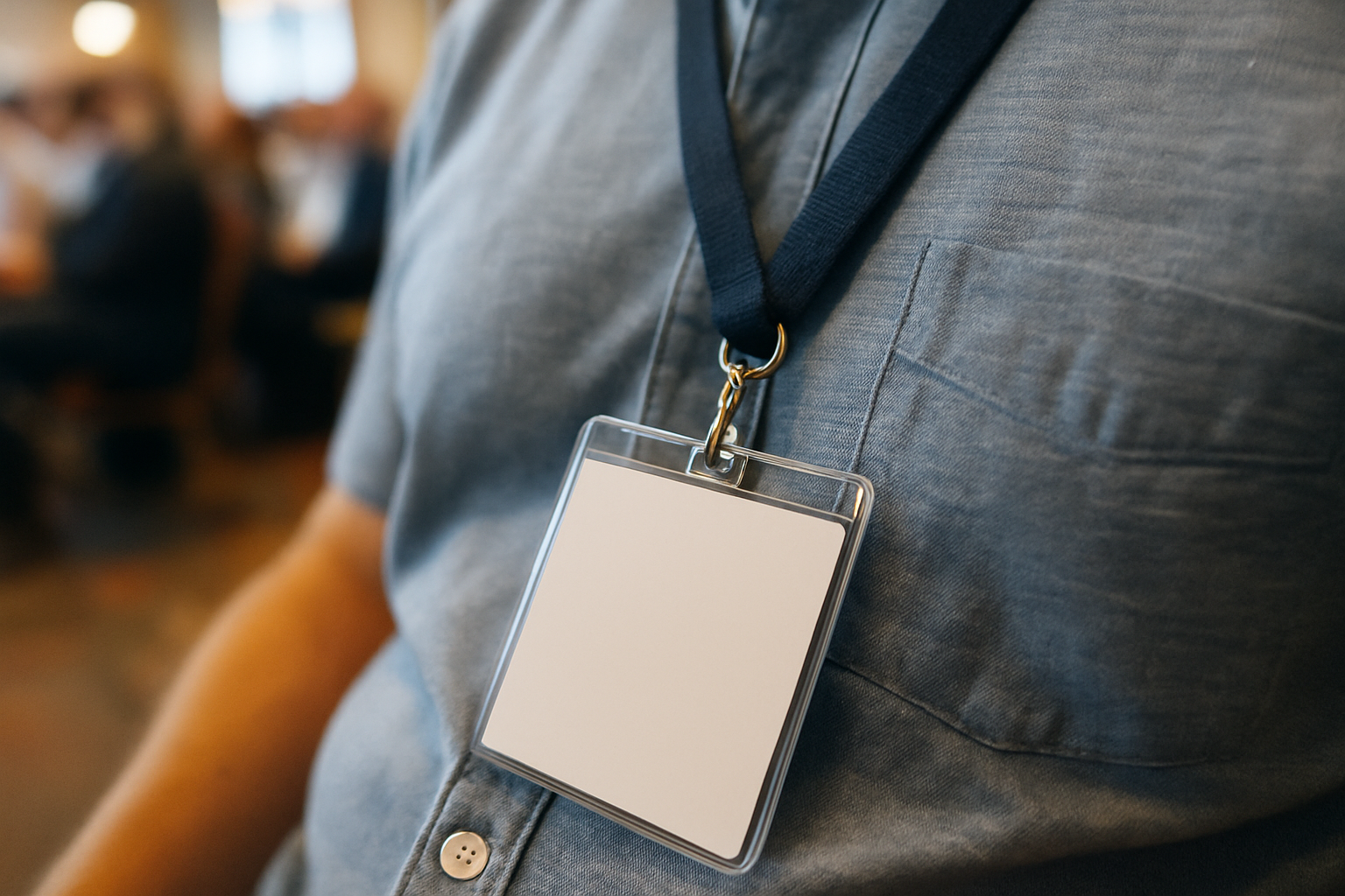 Conference attendee wearing a plain navy fabric lanyard with a blank badge holder