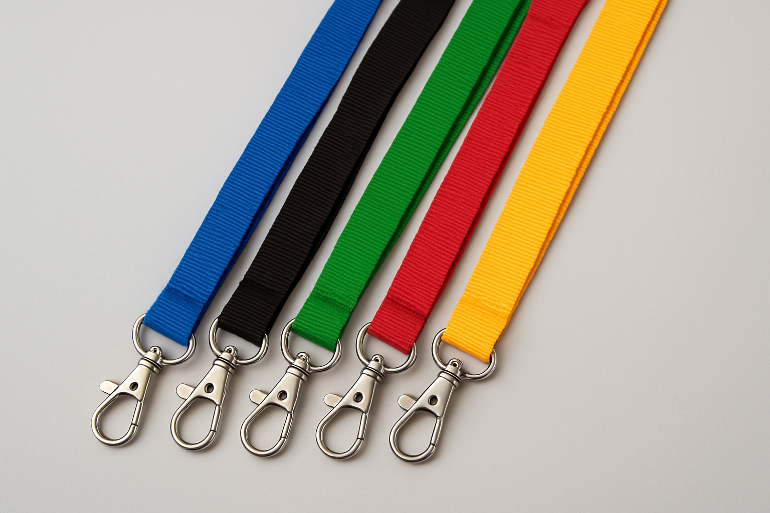 Plain fabric neck lanyards in five solid colours with metal clips