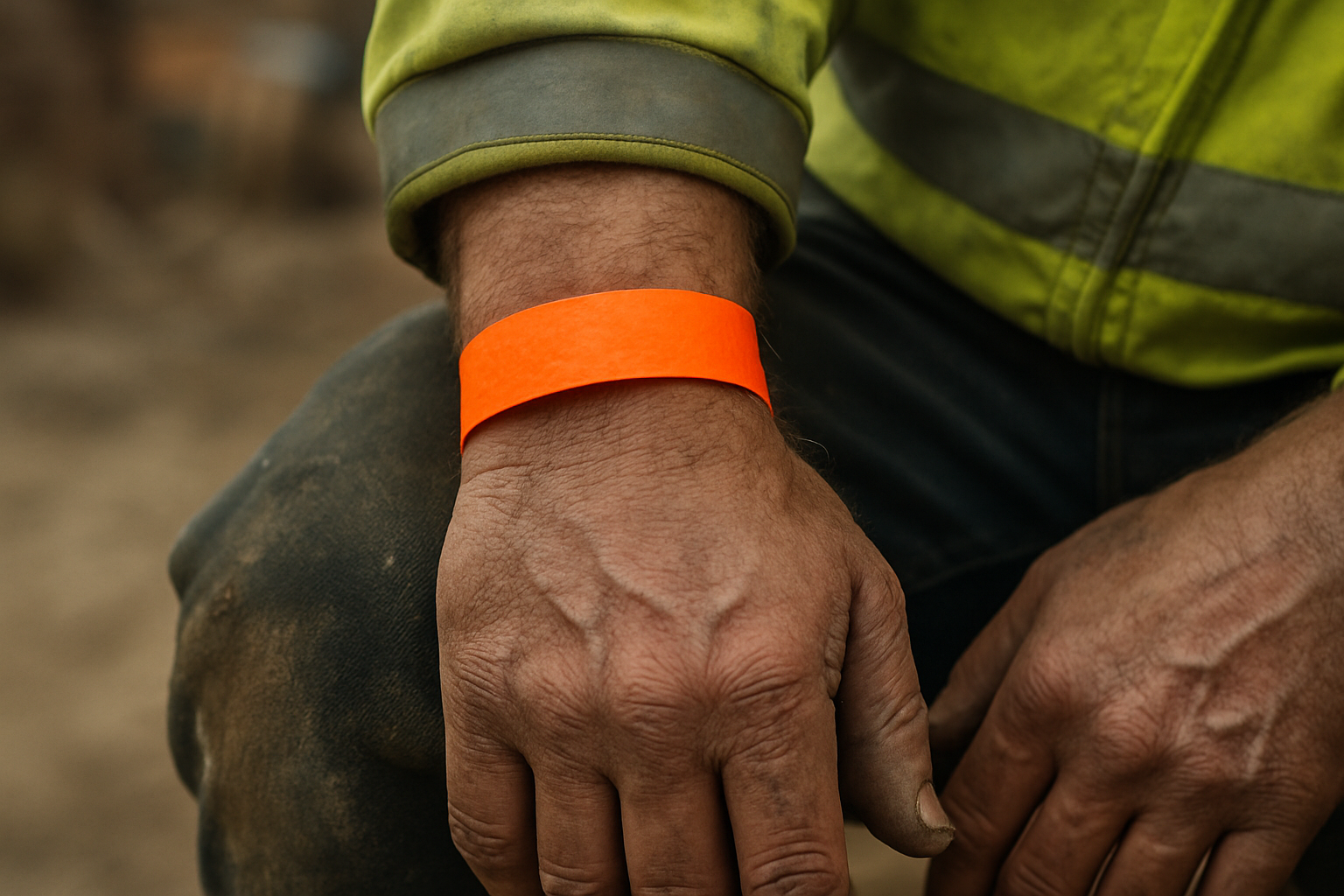 Close-up of a construction worker wearing a plain orange paper wristband with a hi-vis sleeve