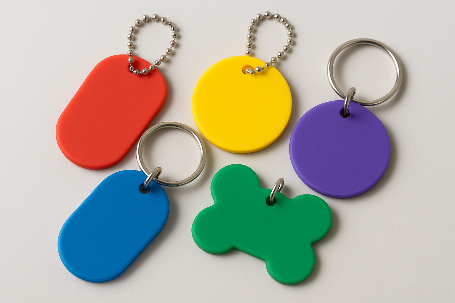 Silicone dog tags and keychains in assorted colours with split rings and ball chains