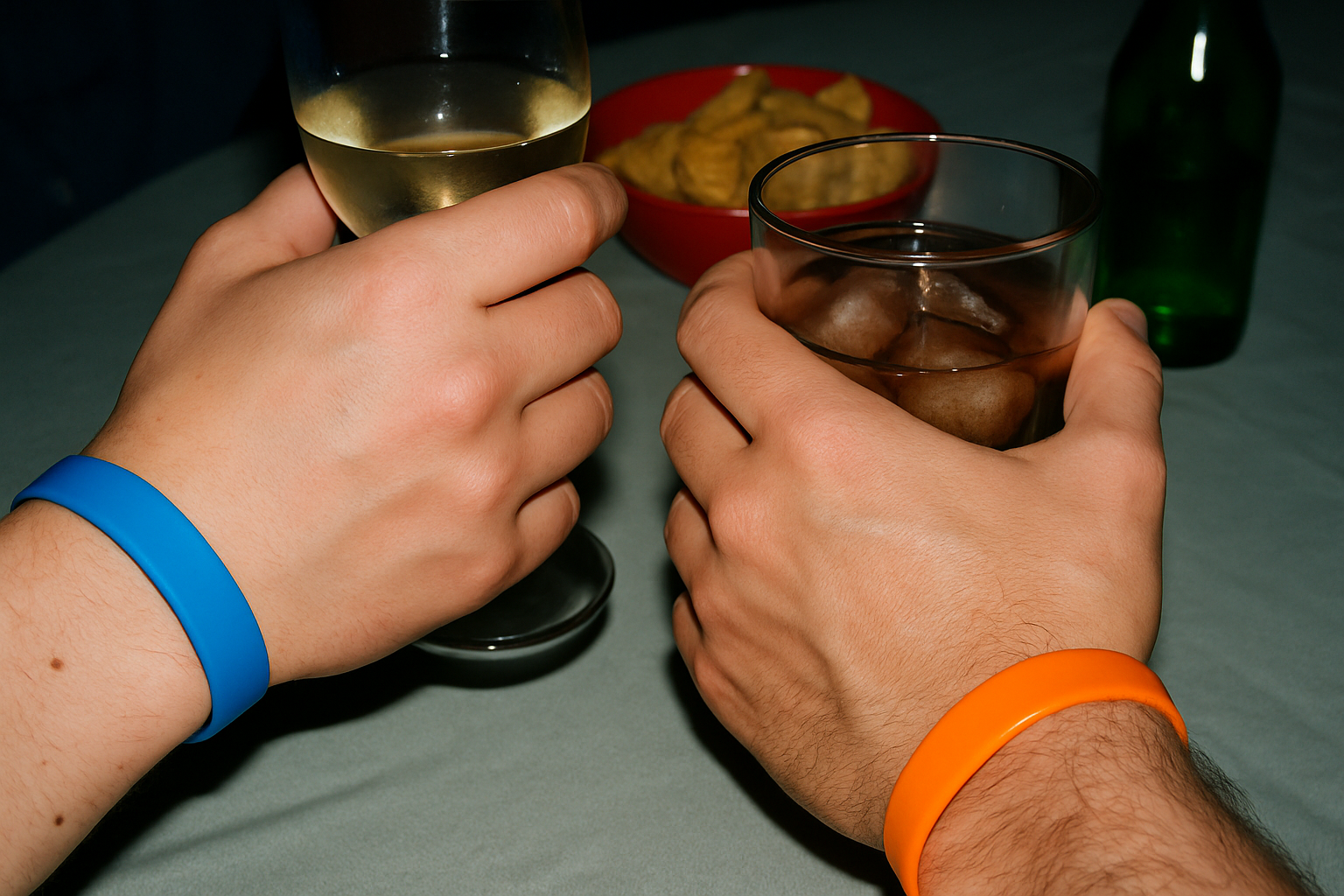 Two wrists wearing plain silicone wristbands while holding drinks at a party table