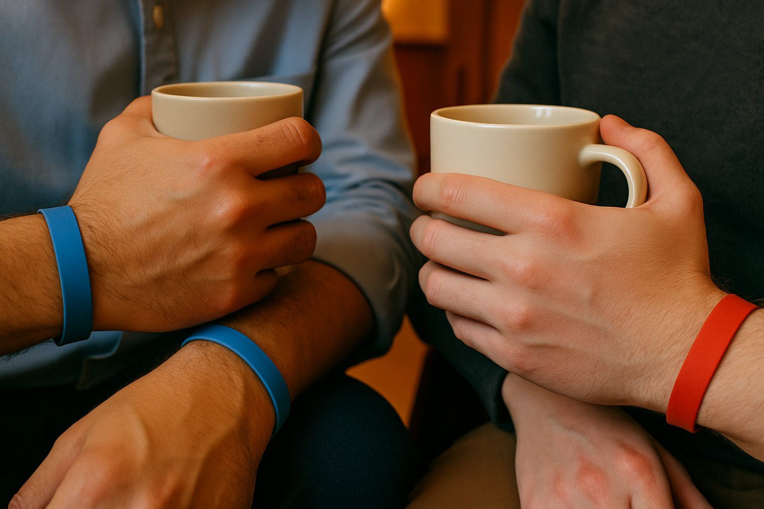 Close-up of two colleagues holding mugs, each wearing a plain silicone wristband