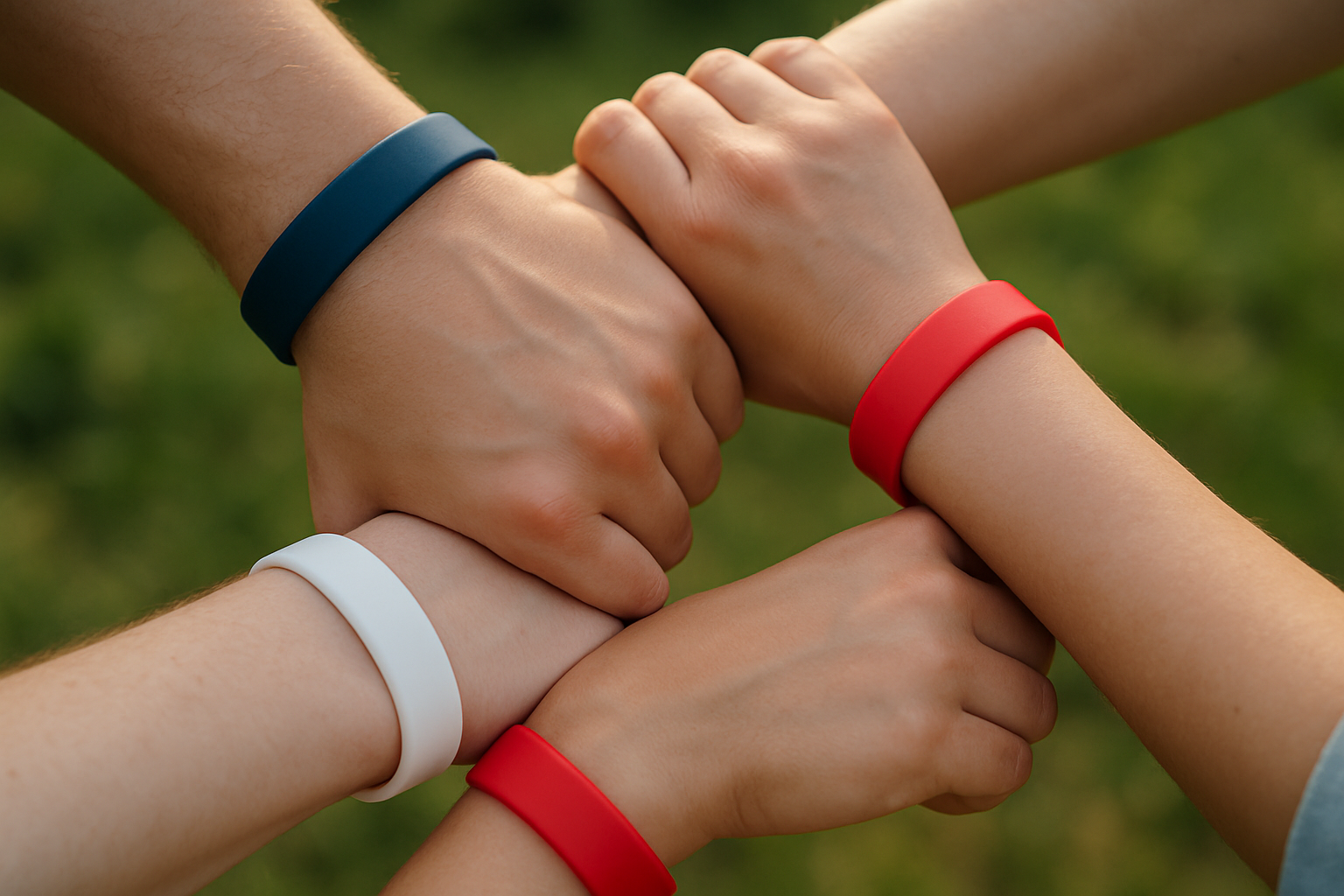 Hands linked together wearing plain coloured wristbands