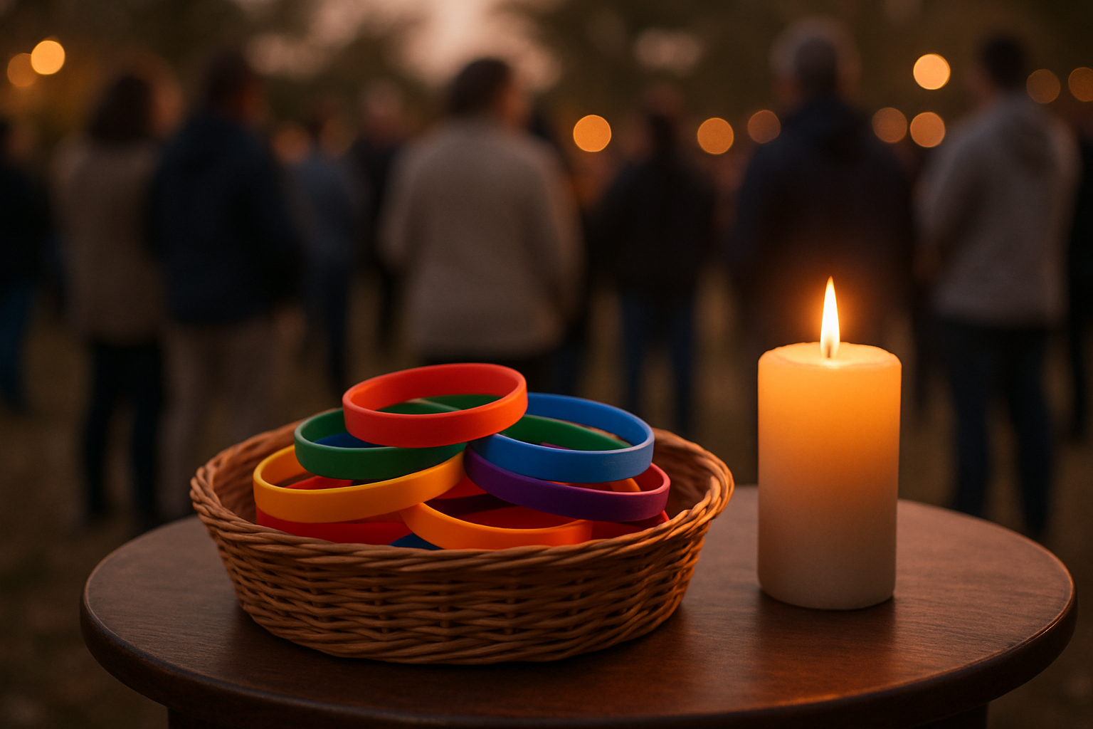 A basket of coloured wristbands beside a candle at an evening community event