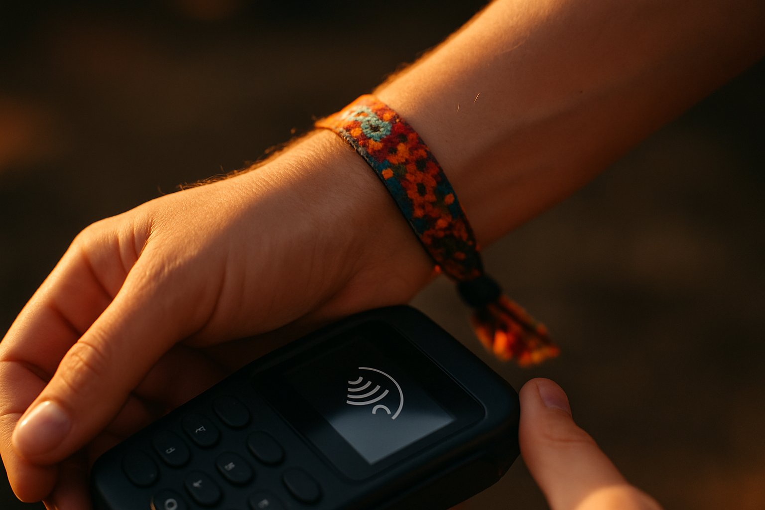 A festival wristband being tapped against a contactless payment terminal at dusk