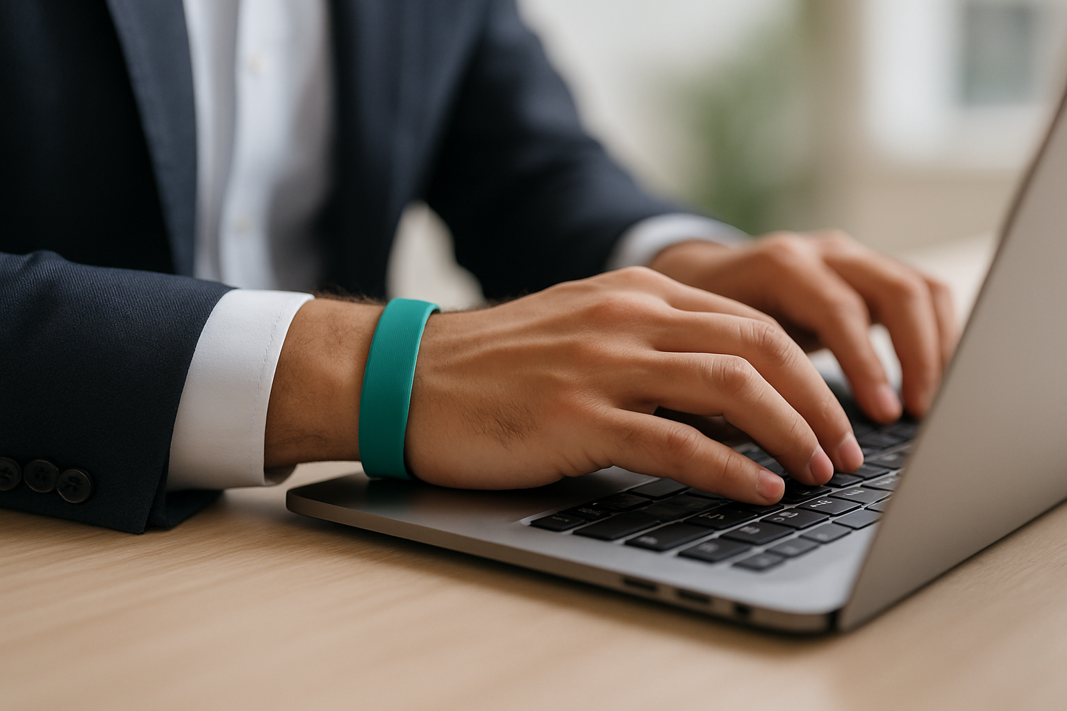 Close-up of a businessperson wearing a plain wristband while working at a laptop