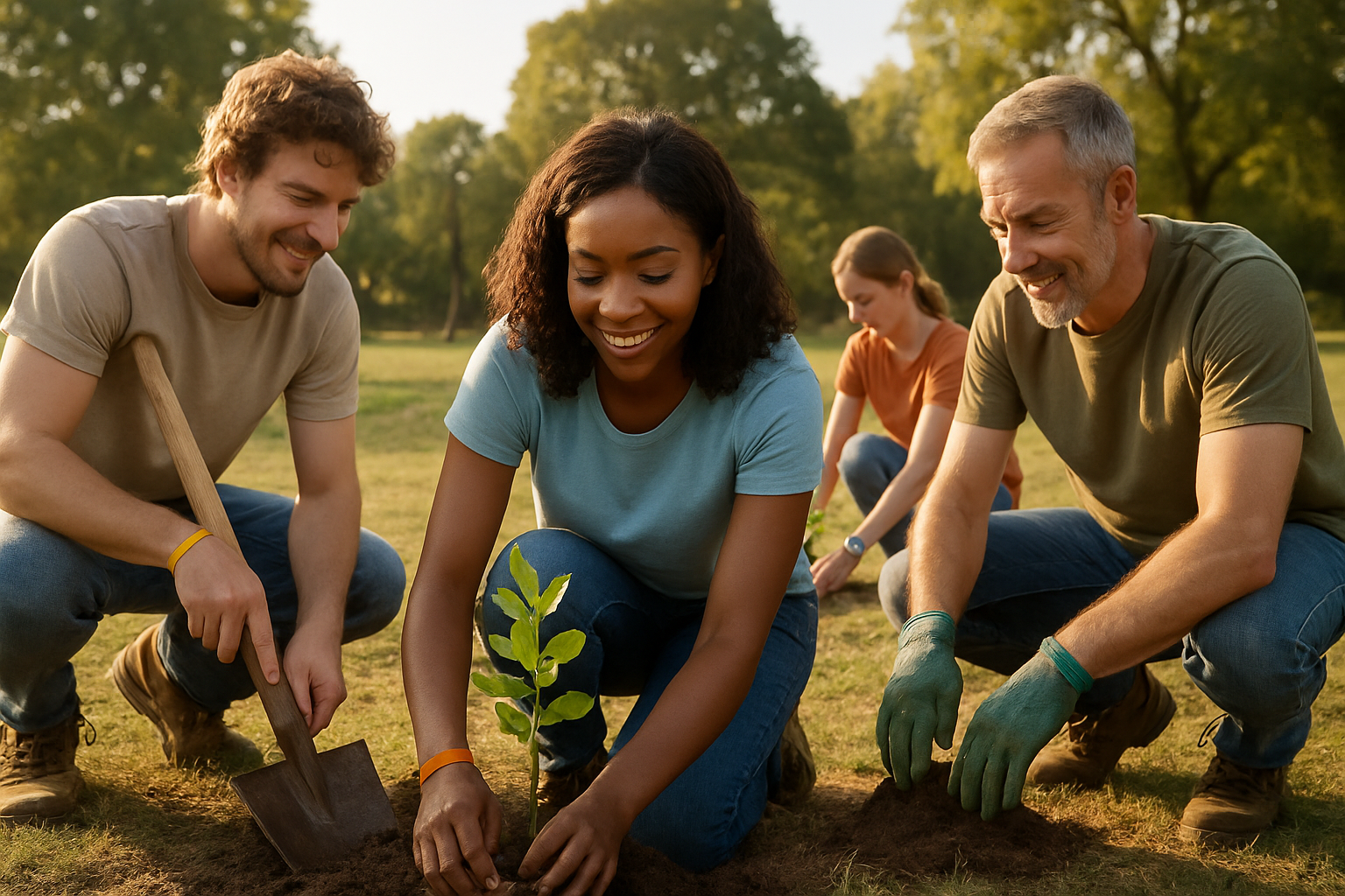 A company volunteering team planting trees together outdoors, wearing wristbands