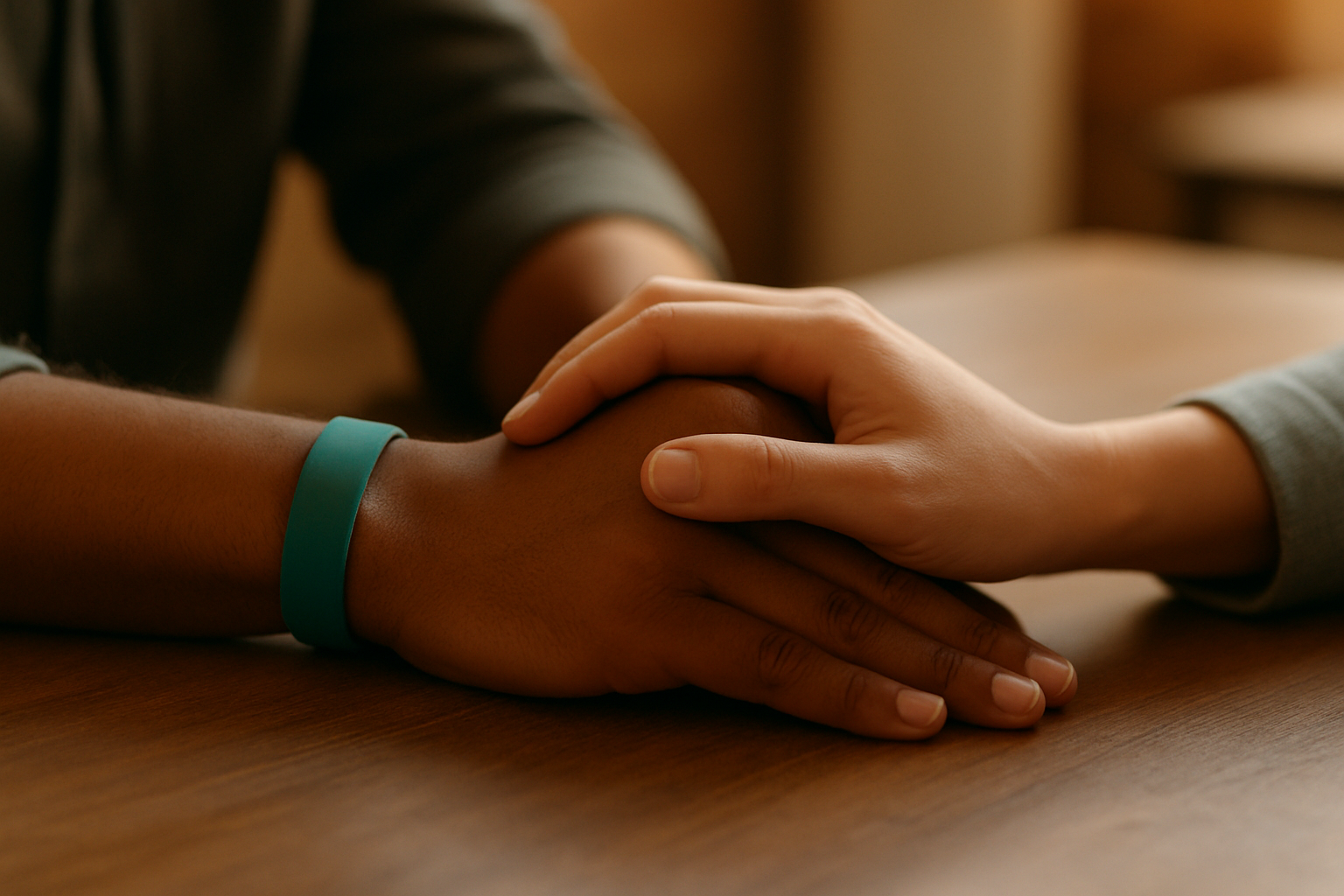 A supportive hand on another person's hand at a table, one wrist wearing a plain wristband