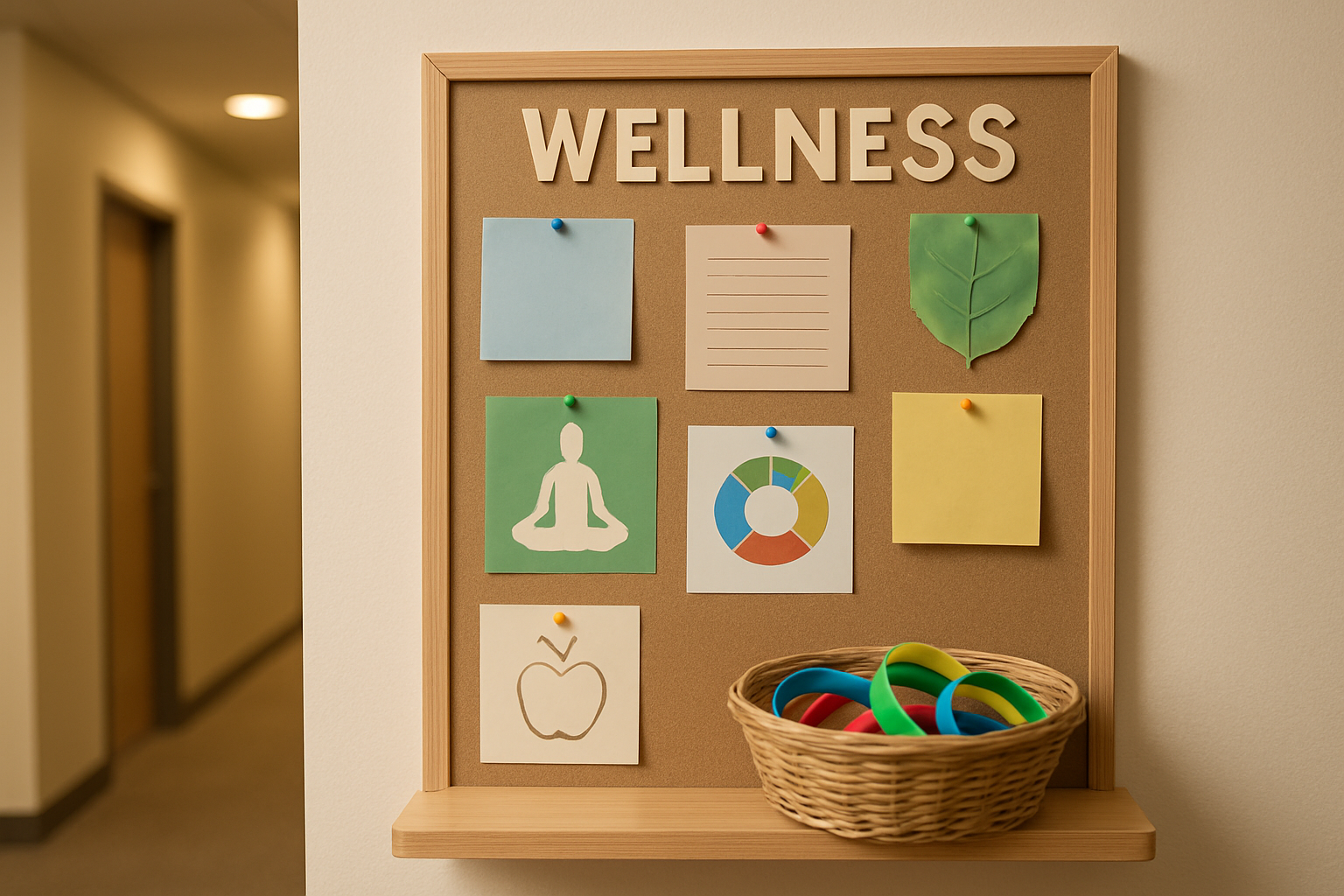 An office wellness noticeboard with a basket of coloured wristbands on the shelf below