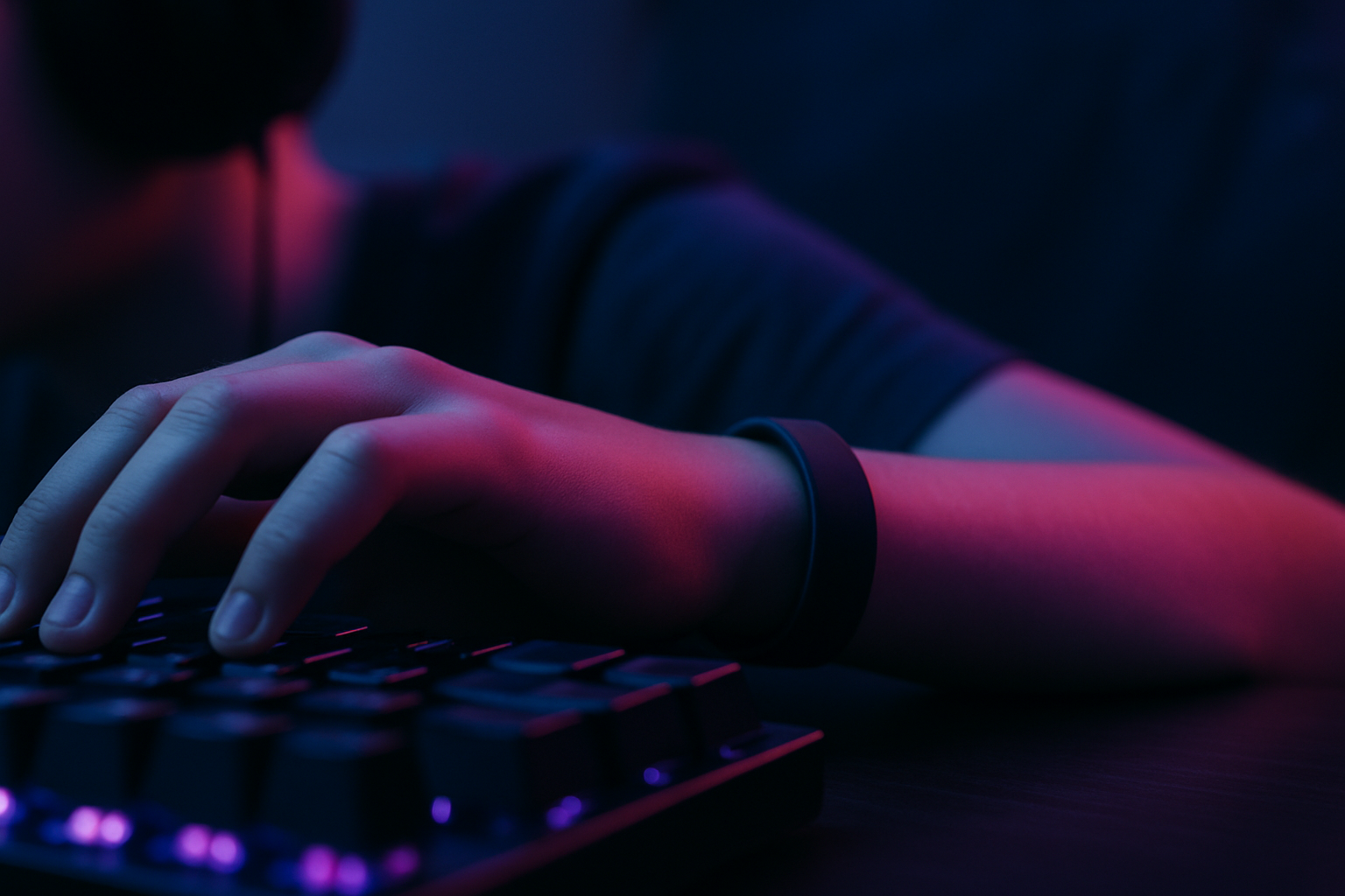 Close-up of a gamer wearing a plain silicone wristband while typing on a backlit keyboard