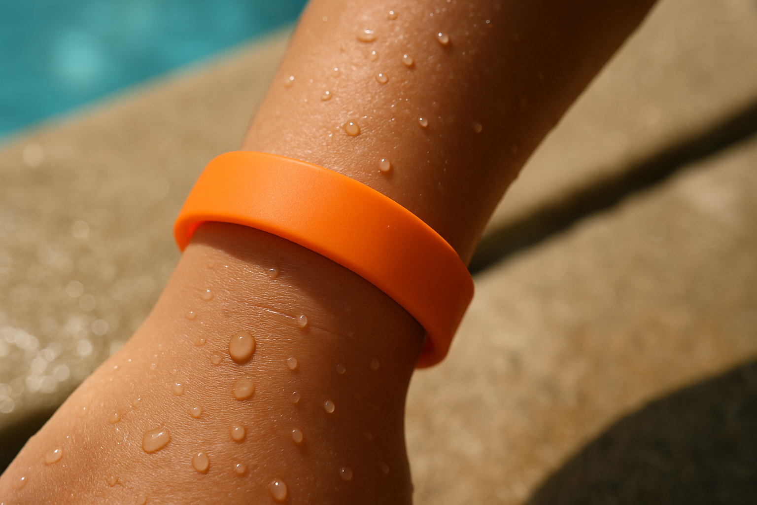 A wet wrist wearing a plain bright silicone wristband beside a pool edge