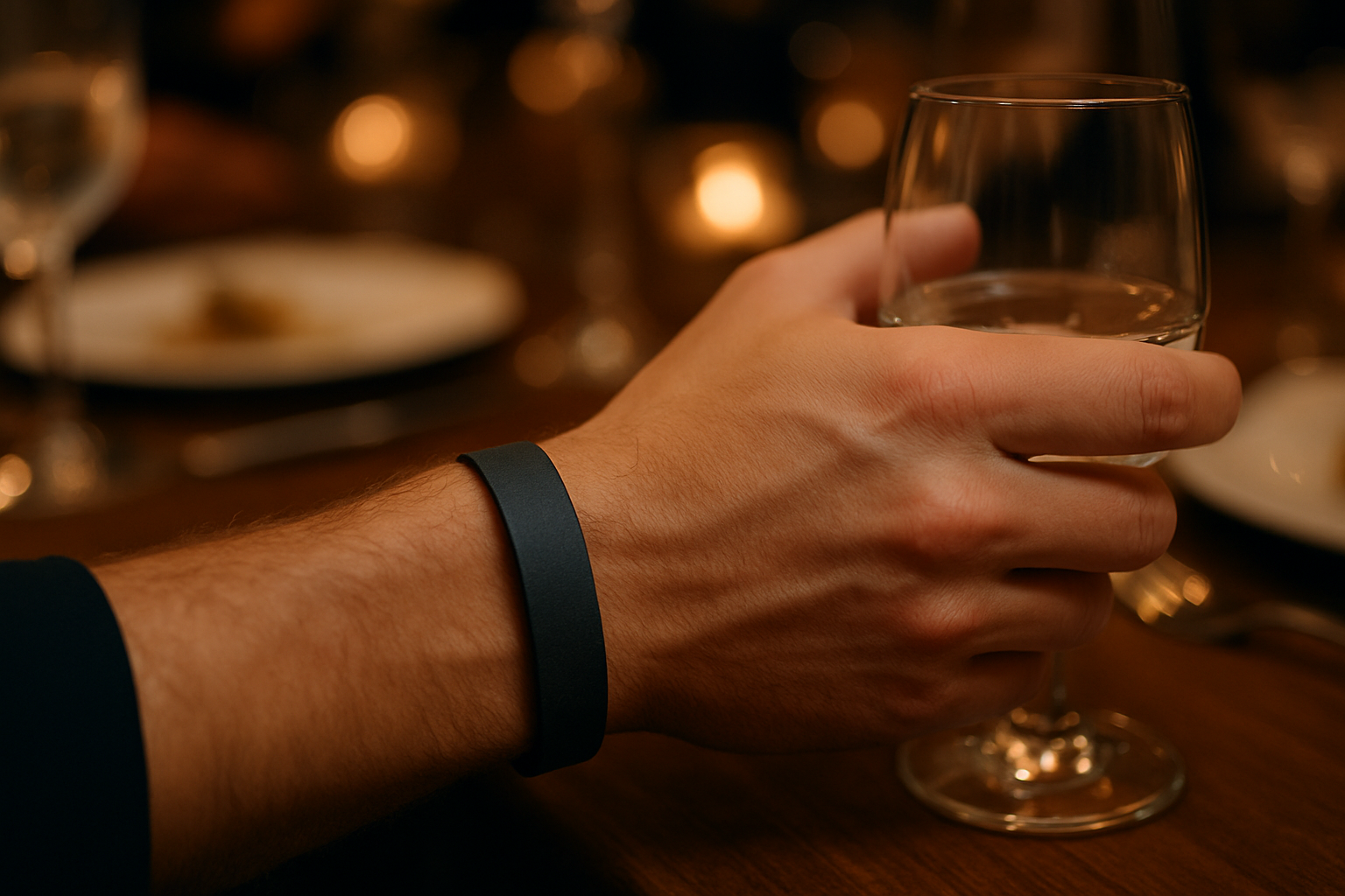 A guest at a gala dinner wearing a plain dark silicone wristband while holding a glass