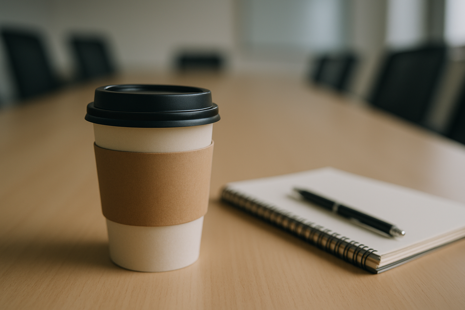 A takeaway coffee cup with a plain band around it beside a notebook in a meeting room