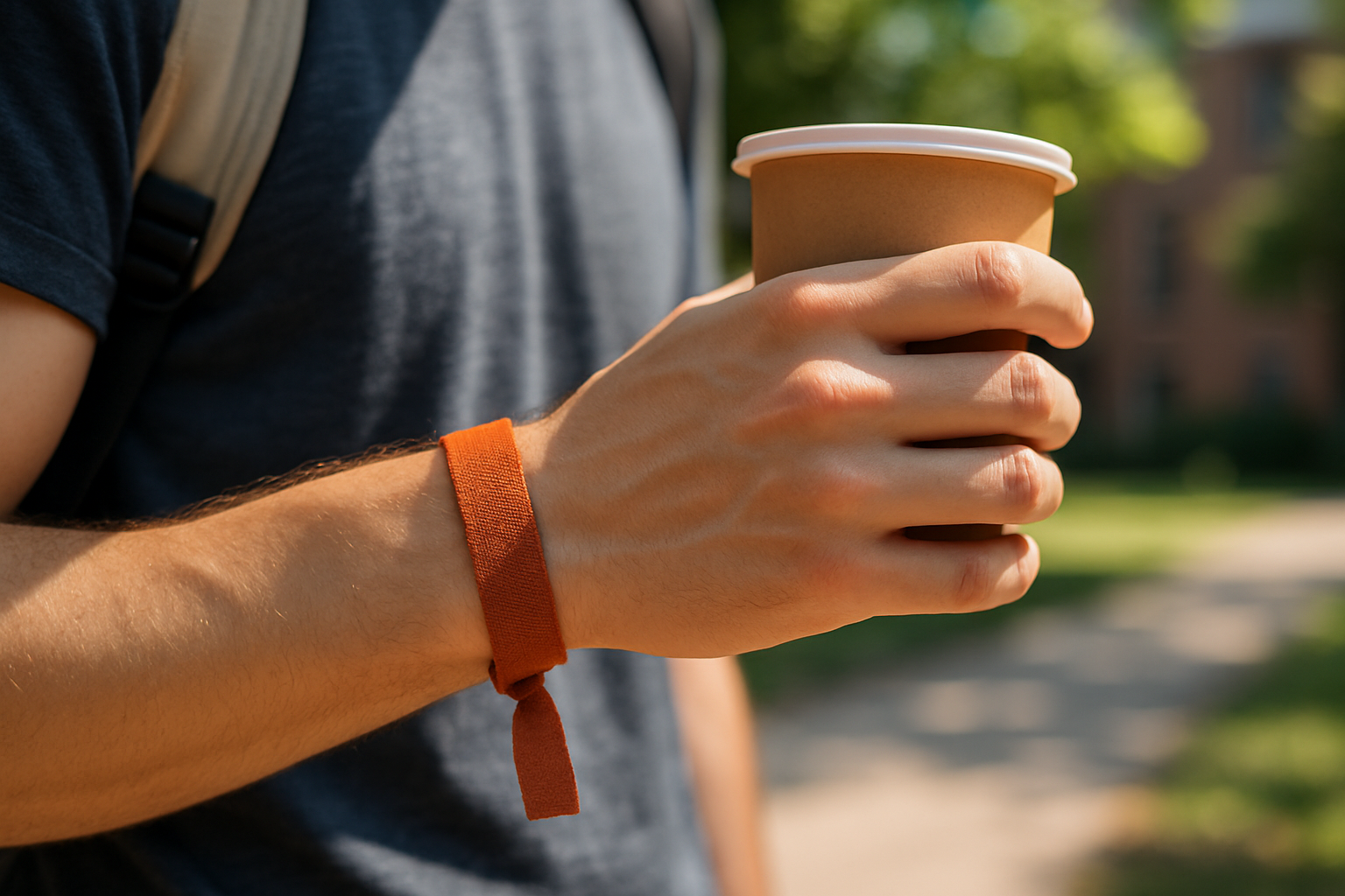 A student wearing a plain fabric wristband while holding a coffee cup on campus