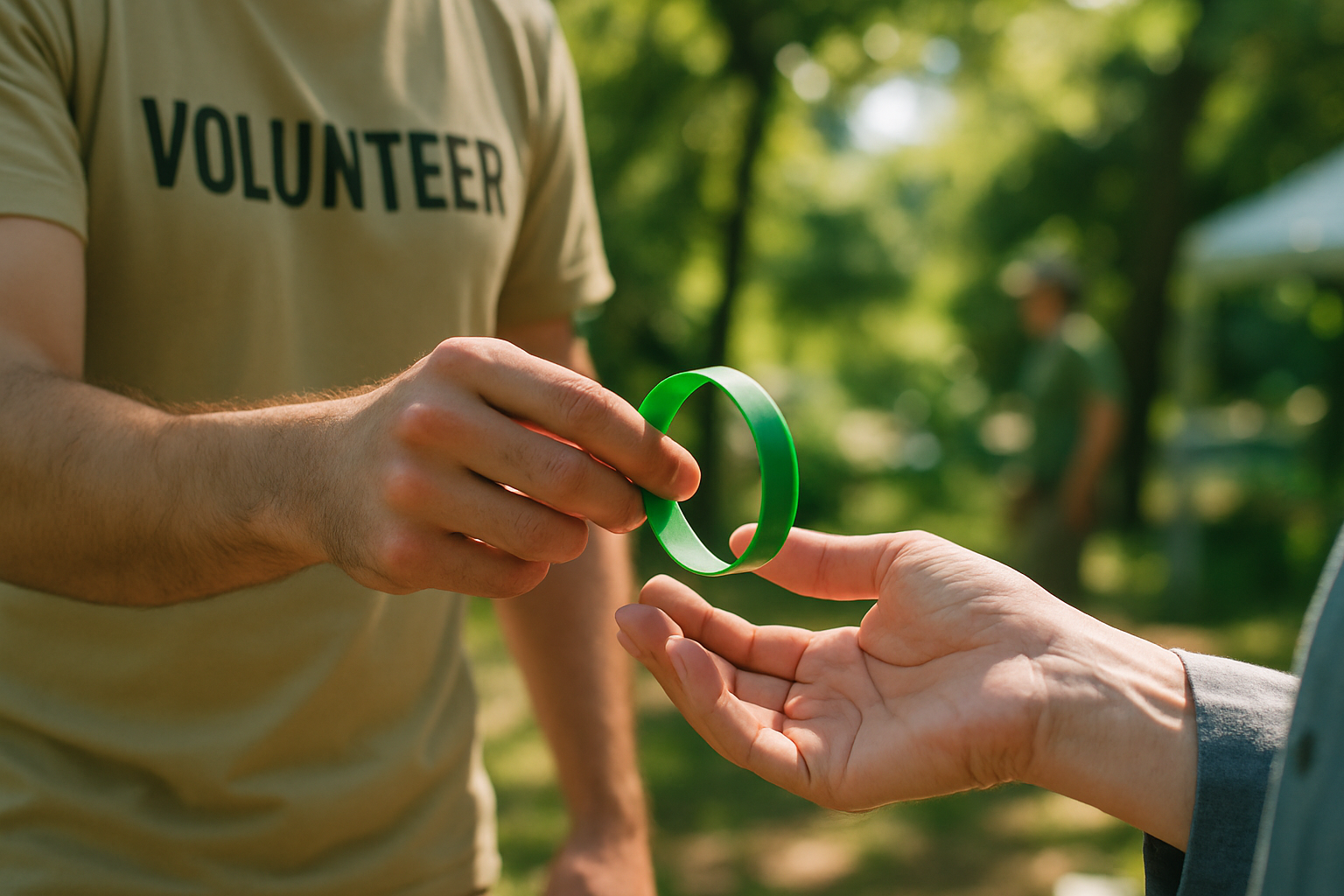 A volunteer handing a plain green silicone wristband to a visitor at an outdoor conservation event