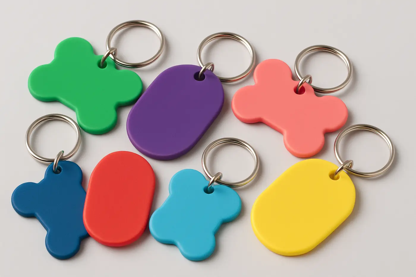 Silicone keychains and dog tags in assorted colours on a plain light background
