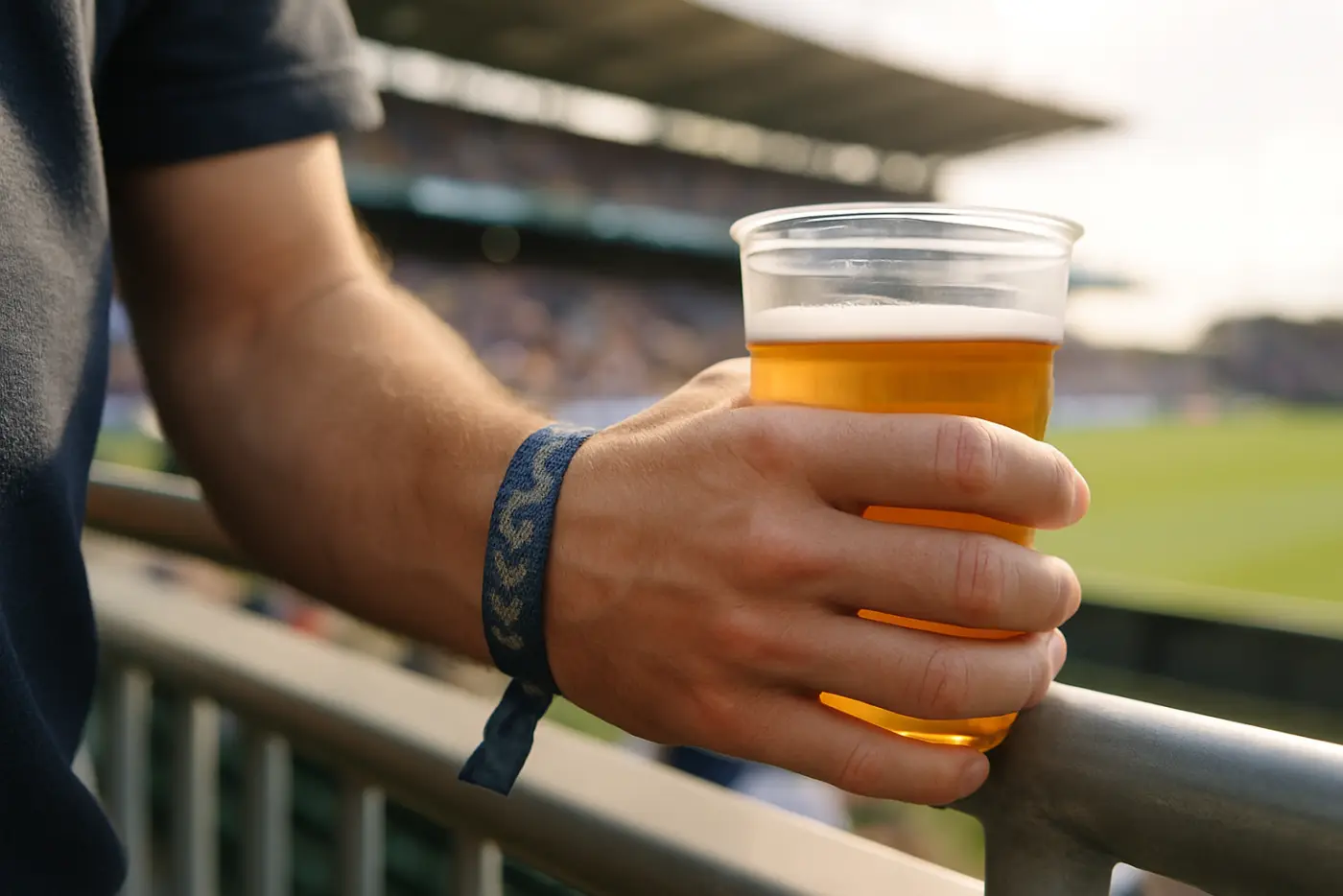 A wrist wearing a woven fabric wristband while holding a drink at a stadium hospitality rail