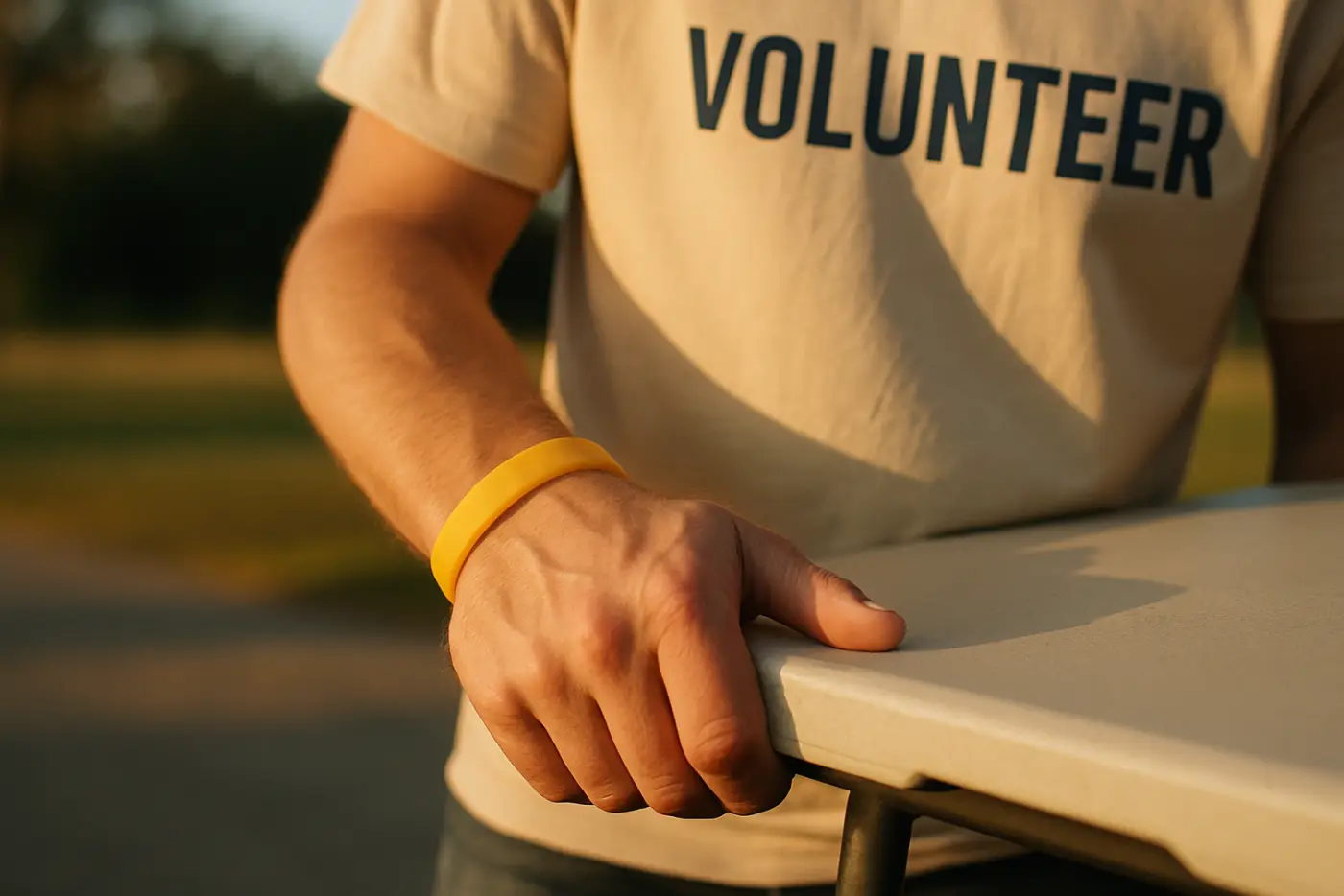 A volunteer wearing a plain coloured silicone wristband while gripping a folding table