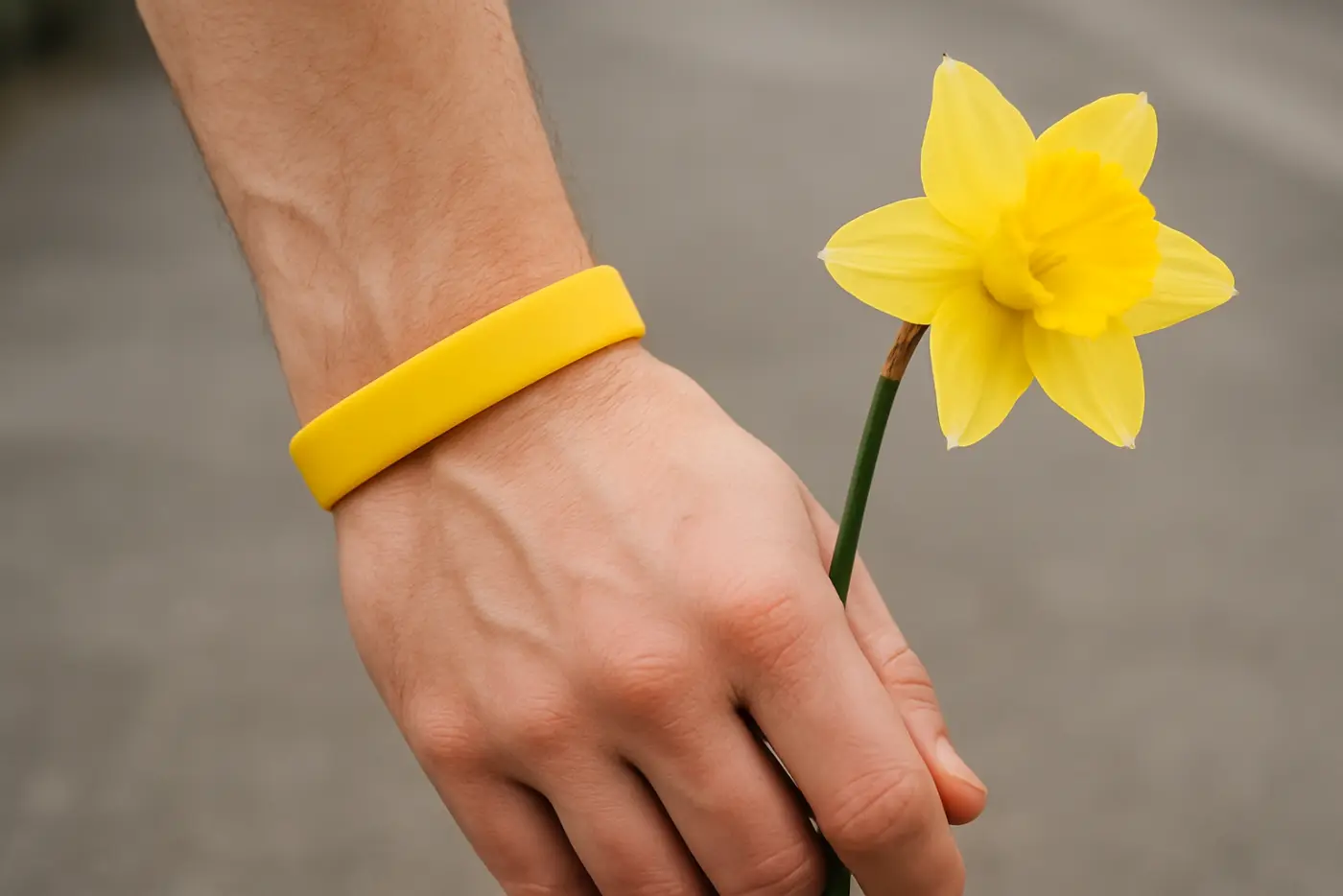A wrist wearing a plain bright yellow silicone wristband while holding a fresh daffodil