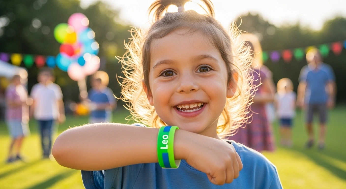 child wearing identification wristband at outdoor event for safety