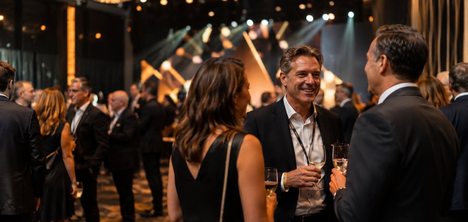 Guests at a corporate evening event and awards reception wearing event lanyards